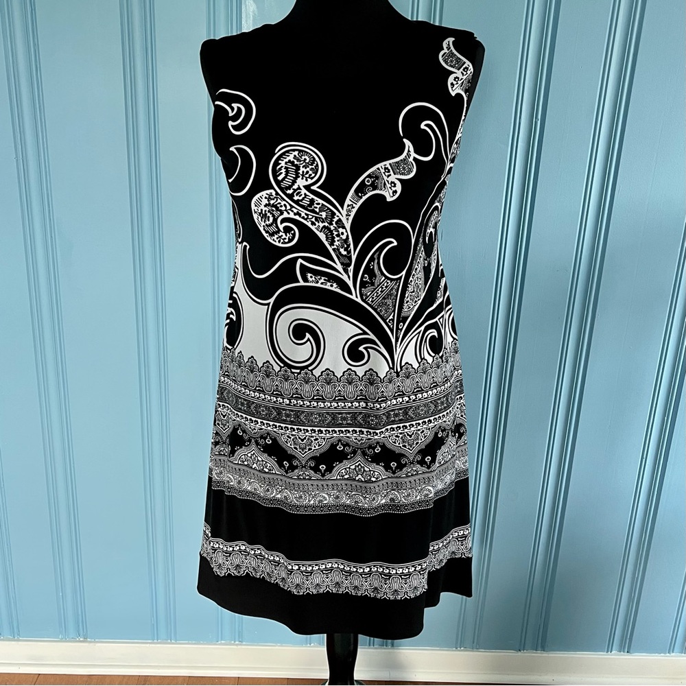 Carole Little Sleeveless Dress Black & White Paisley Silky Stretch Size 10